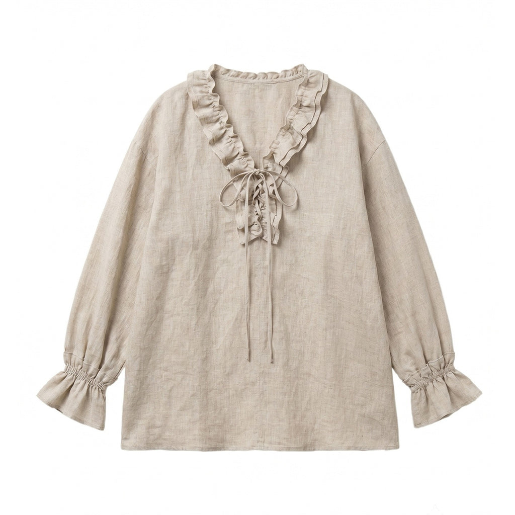 Women's Linen Cotton Blend Tie V-Neck Long Sleeve Blouse Loose Casual Tunic Top