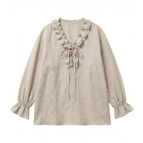 Women's Linen Cotton Blend Tie V-Neck Long Sleeve Blouse Loose Casual Tunic Top