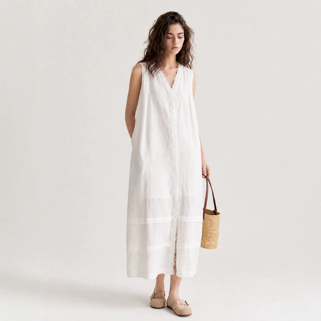 Women's 100% Linen Lace Trim Sleeveless Dress V-Neck Loose Tank Midi Dress