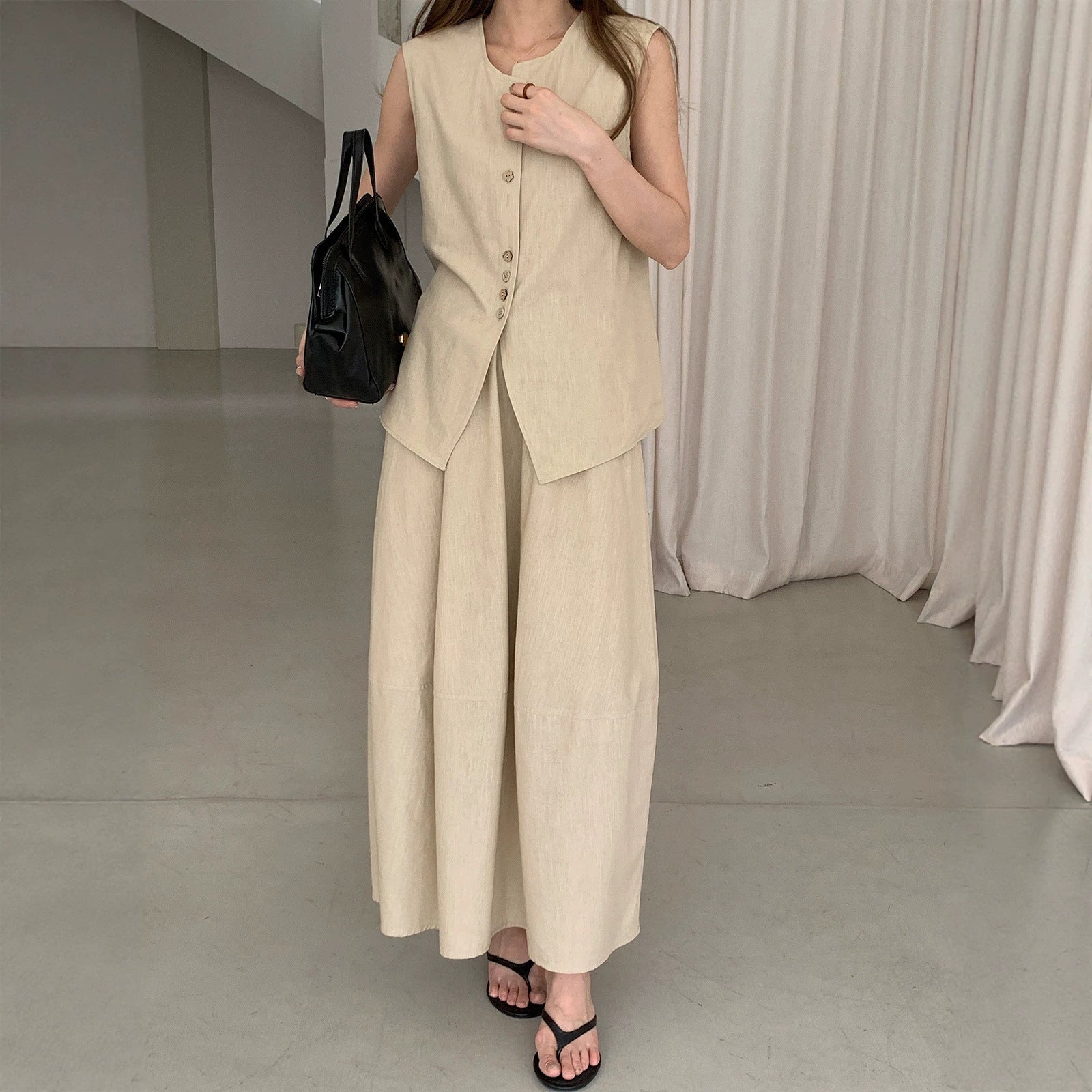 Women's Linen Cotton Blend Sleeveless Vest and Skirt Set Solid Loose 2-Piece Suit