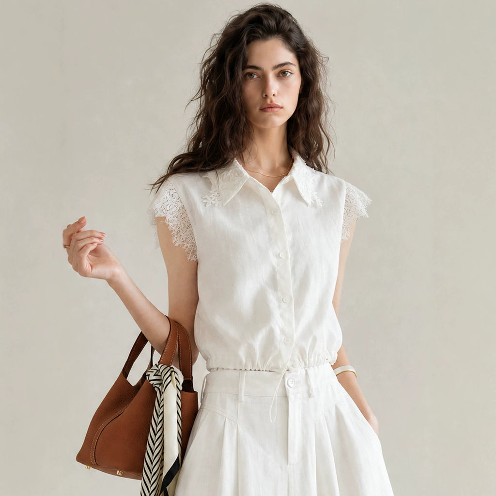 Women's Tencel Linen Blend Lace Short Sleeve Blouse Loose Collared Shirt