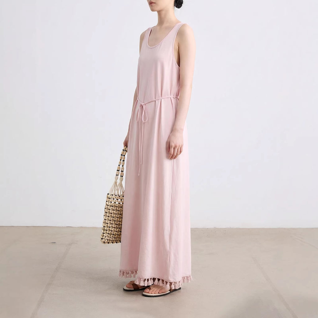 Women's Cotton Nylon Tie Tassel Tank Maxi Dress Loose A-Line Vacation Dress