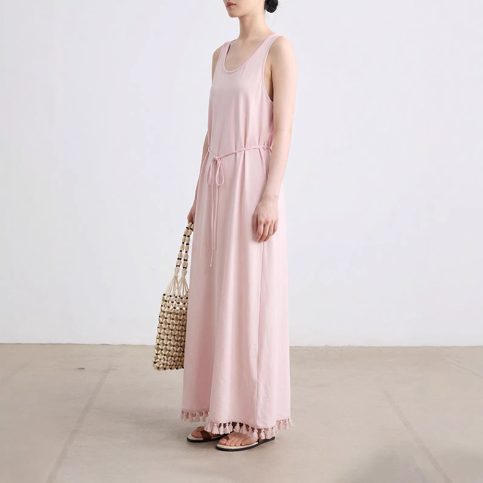 Women's Cotton Nylon Tie Tassel Tank Maxi Dress Loose A-Line Vacation Dress