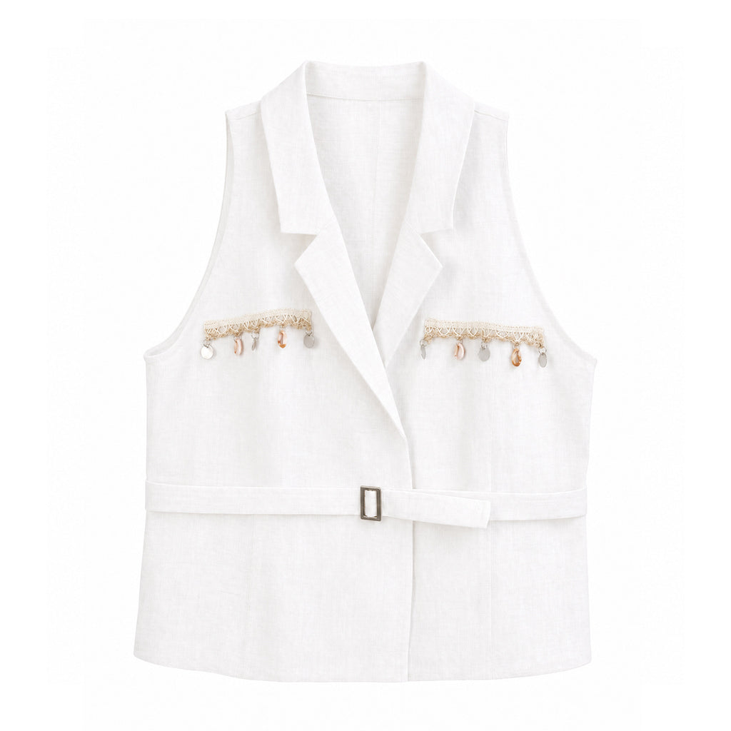 Women's Linen Lapel Collar Vest Belted Sleeveless Blazer Solid Casual Waistcoat