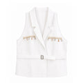 Women's Linen Lapel Collar Vest Belted Sleeveless Blazer Solid Casual Waistcoat