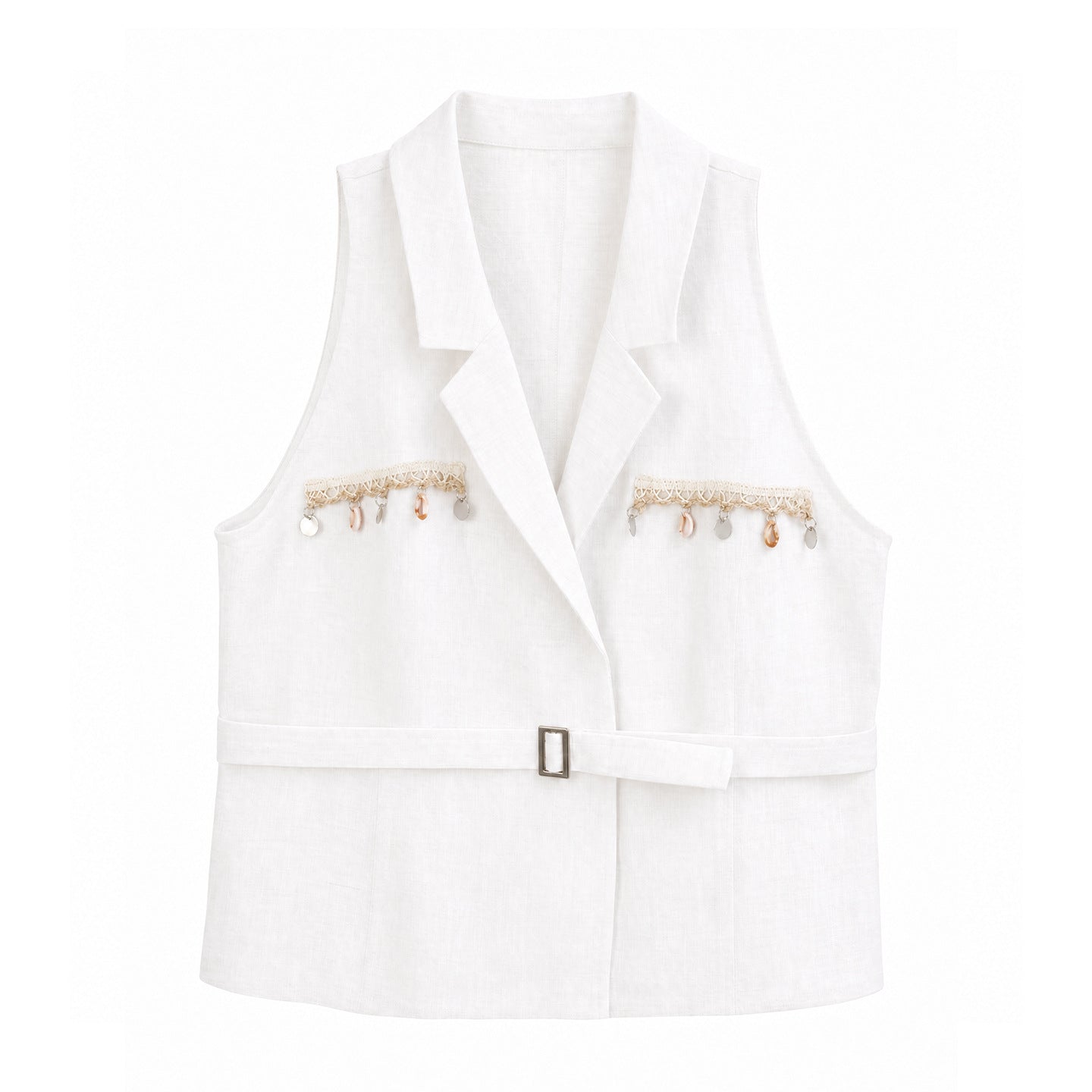 Women's Linen Lapel Collar Vest Belted Sleeveless Blazer Solid Casual Waistcoat