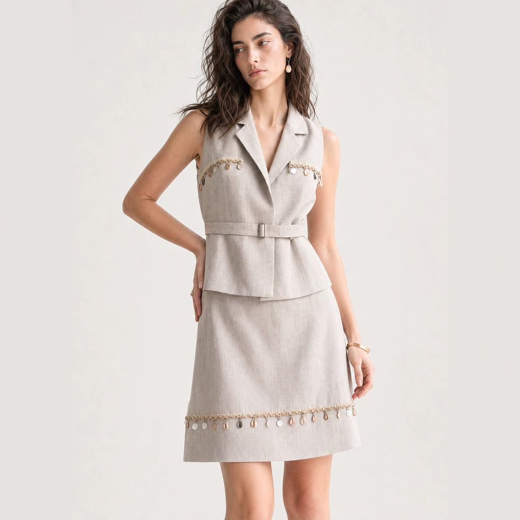 Women's Linen Lapel Collar Vest Belted Sleeveless Blazer Solid Casual Waistcoat