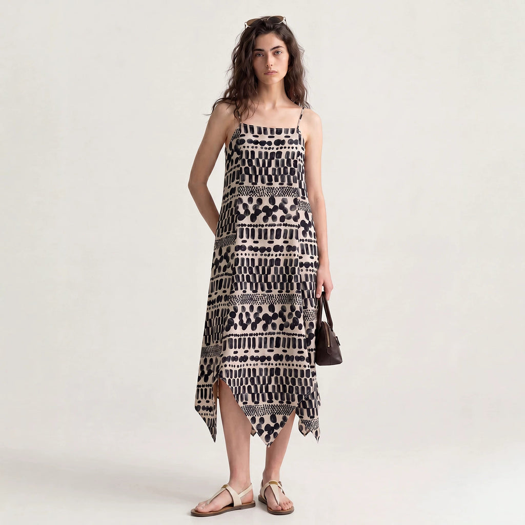 Women's Tencel Linen Blend Cami Midi Dress Casual A-Line Geometric Print Slip Dress