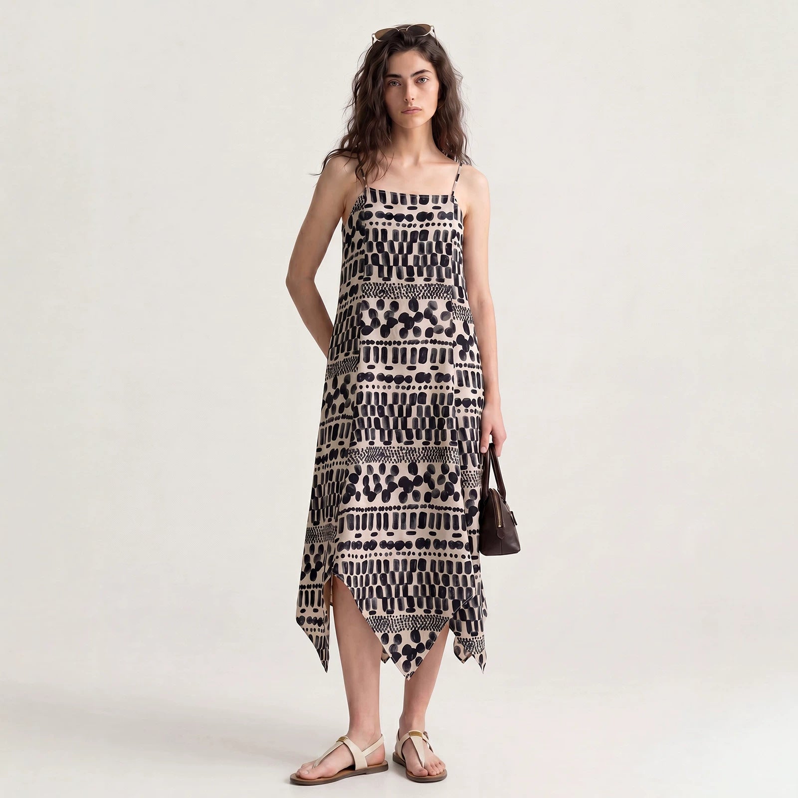 Women's Tencel Linen Blend Cami Midi Dress Casual A-Line Geometric Print Slip Dress