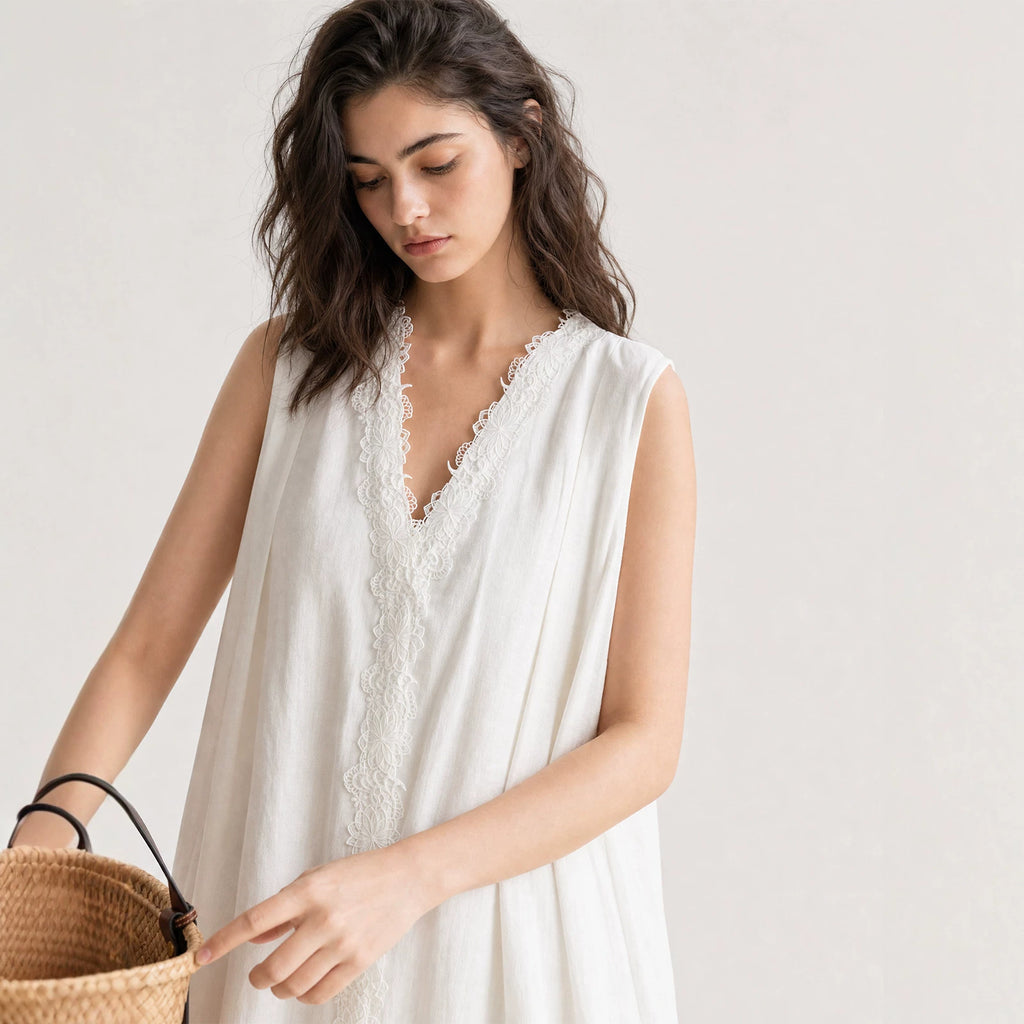 Women's 100% Linen Lace Trim Sleeveless Dress V-Neck Loose Tank Midi Dress