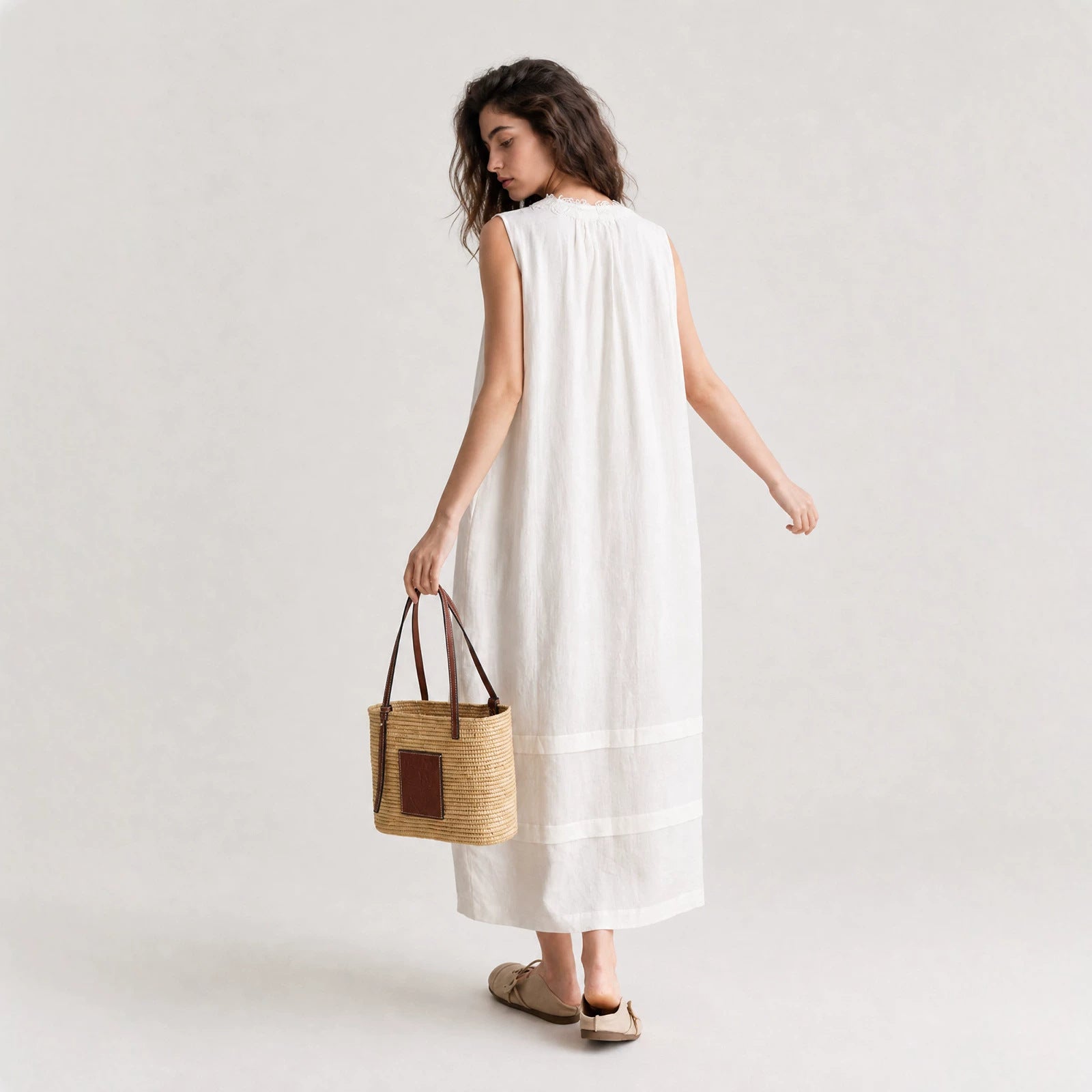 Women's 100% Linen Lace Trim Sleeveless Dress V-Neck Loose Tank Midi Dress