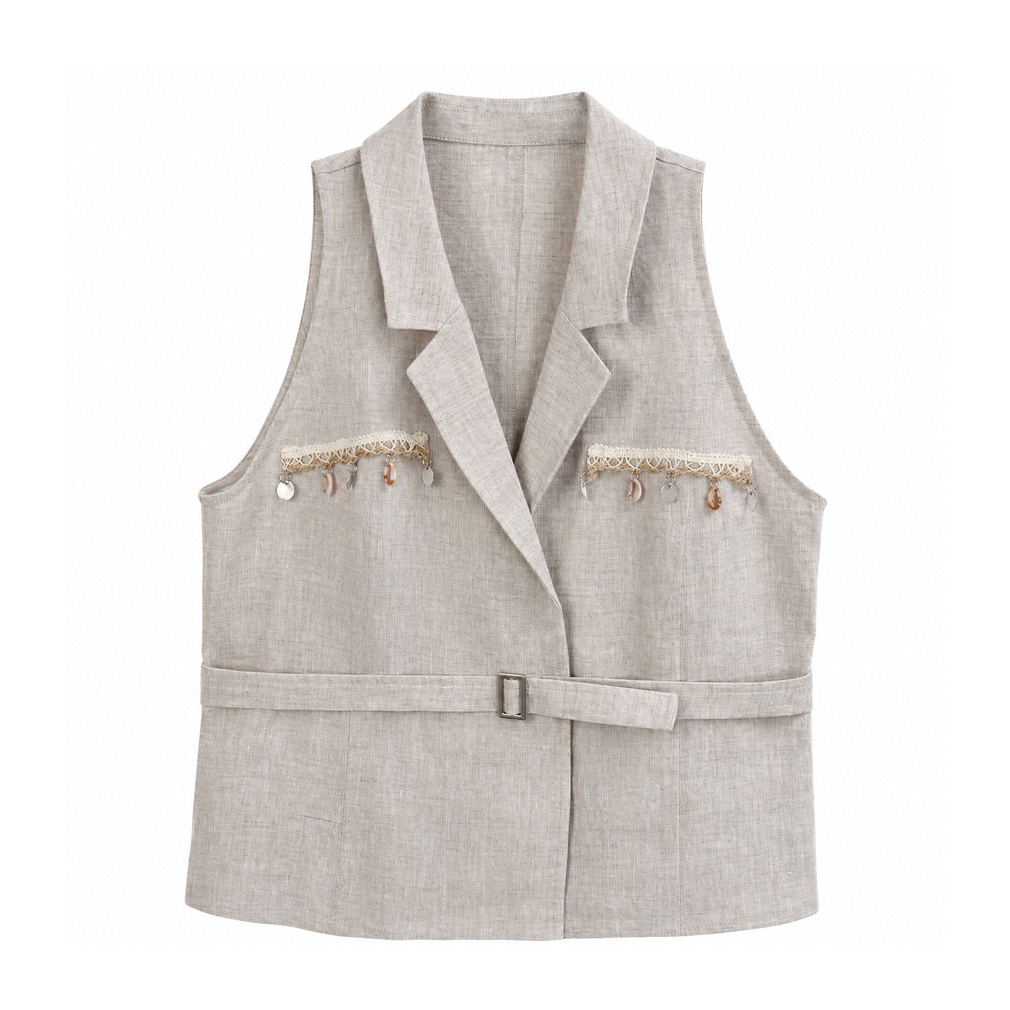 Women's Linen Lapel Collar Vest Belted Sleeveless Blazer Solid Casual Waistcoat