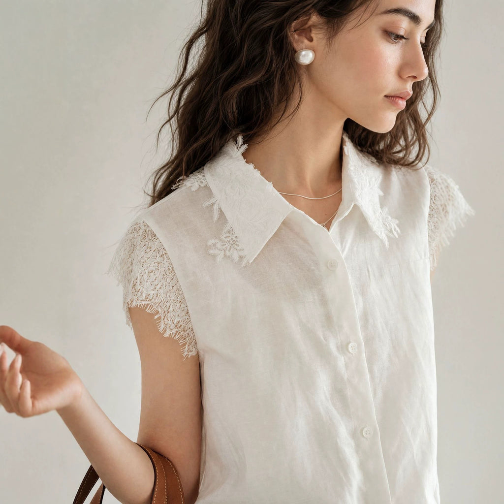 Women's Tencel Linen Blend Lace Short Sleeve Blouse Loose Collared Shirt