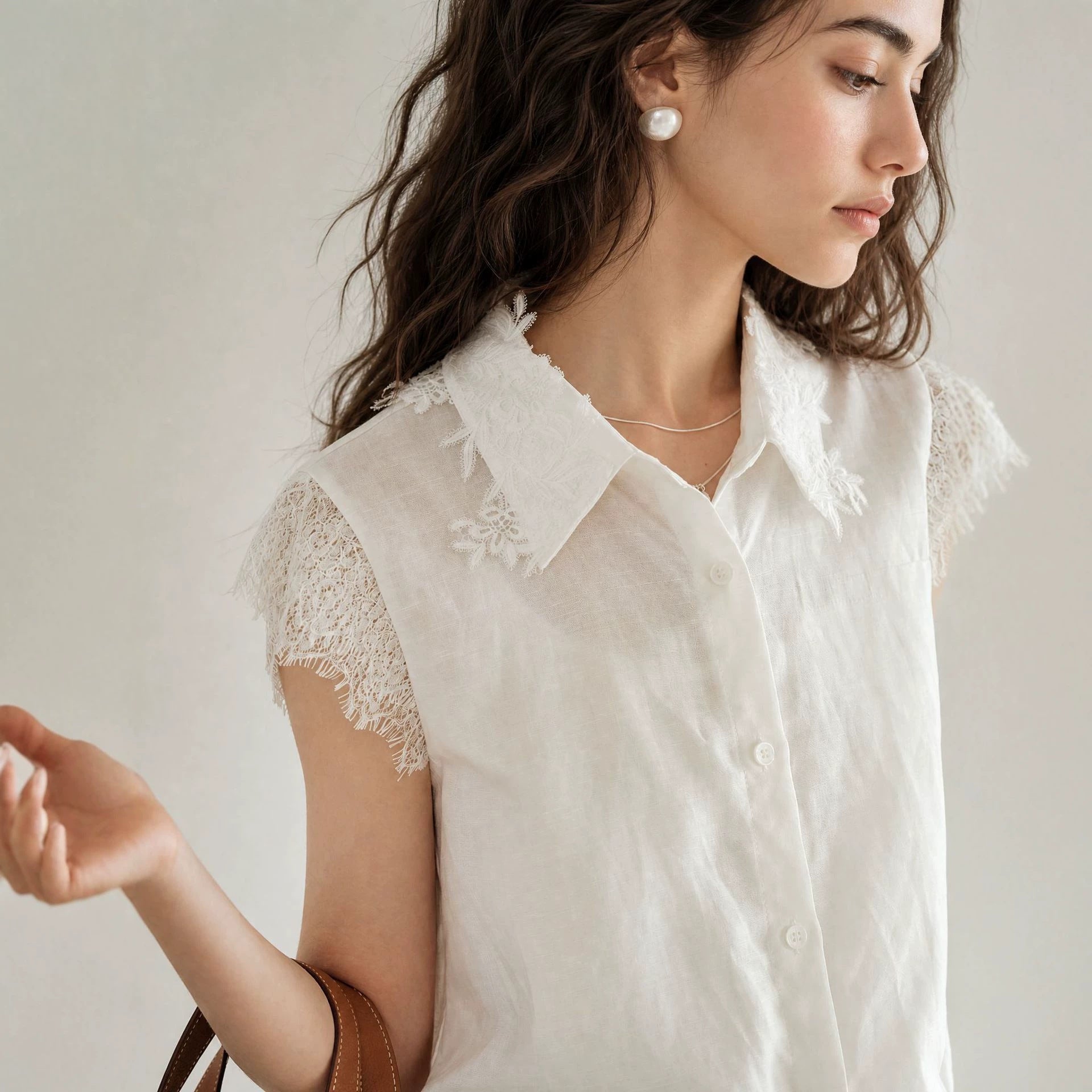 Women's Tencel Linen Blend Lace Short Sleeve Blouse Loose Collared Shirt