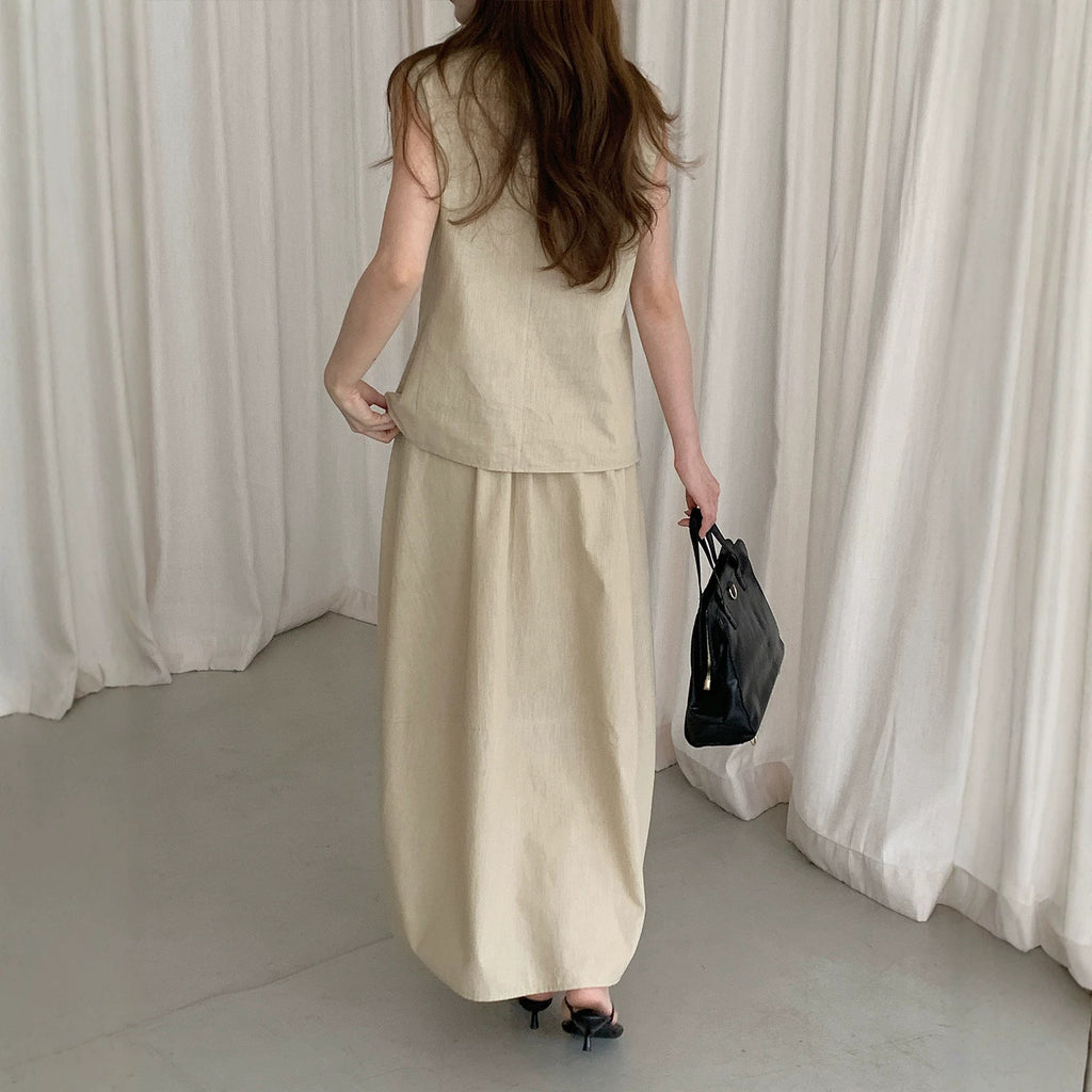 Women's Linen Cotton Blend Sleeveless Vest and Skirt Set Solid Loose 2-Piece Suit