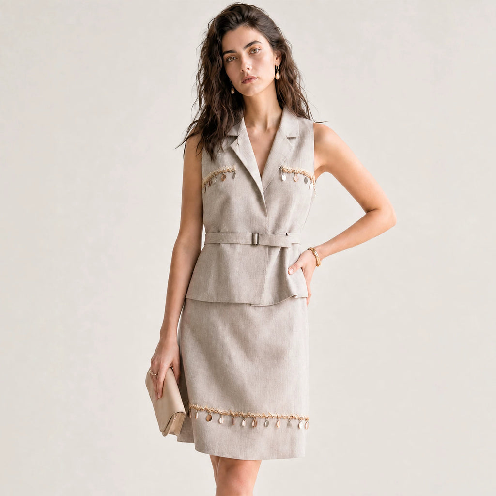 Women's Linen Lapel Collar Vest Belted Sleeveless Blazer Solid Casual Waistcoat