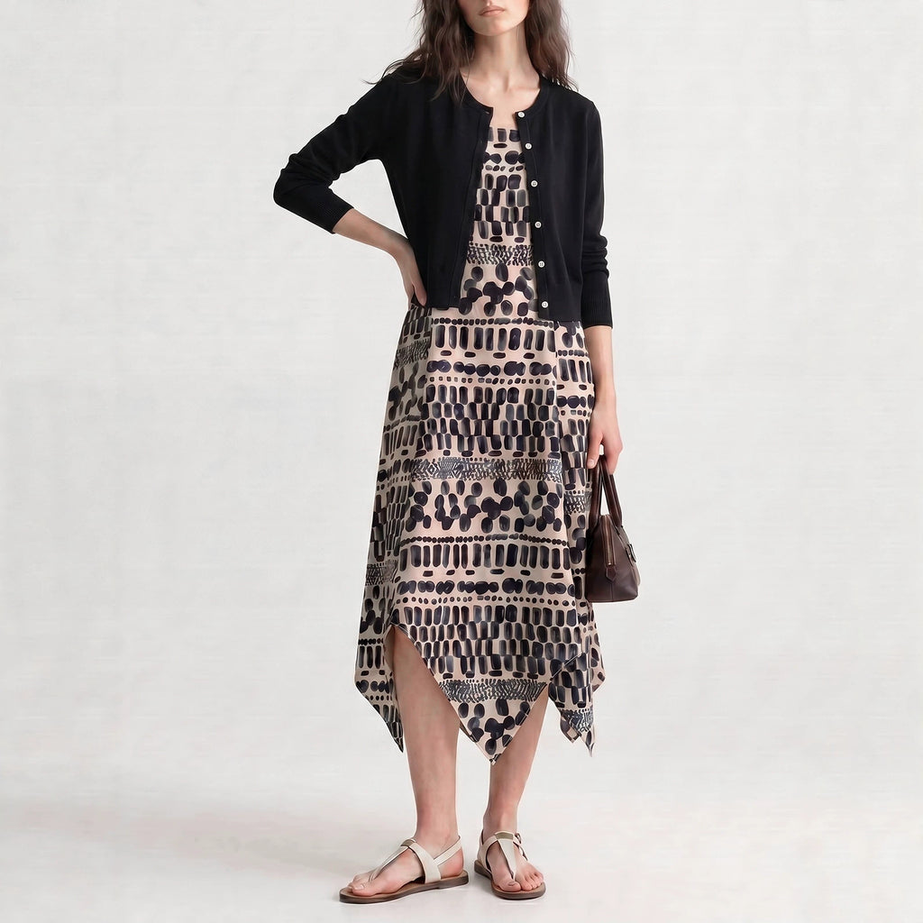 Women's Tencel Linen Blend Cami Midi Dress Casual A-Line Geometric Print Slip Dress