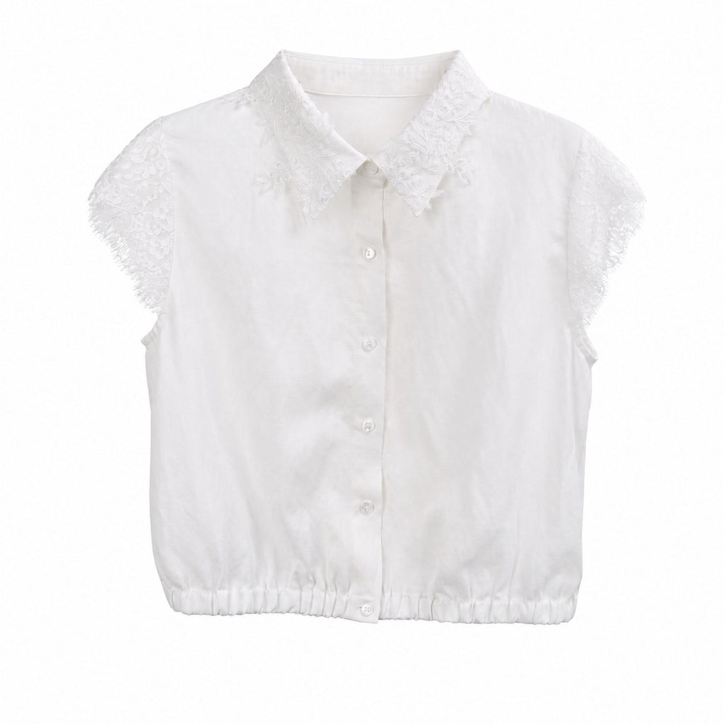 Women's Tencel Linen Blend Lace Short Sleeve Blouse Loose Collared Shirt