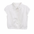 Women's Tencel Linen Blend Lace Short Sleeve Blouse Loose Collared Shirt