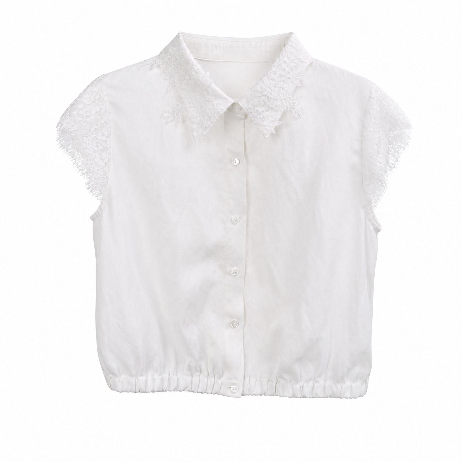 Women's Tencel Linen Blend Lace Short Sleeve Blouse Loose Collared Shirt