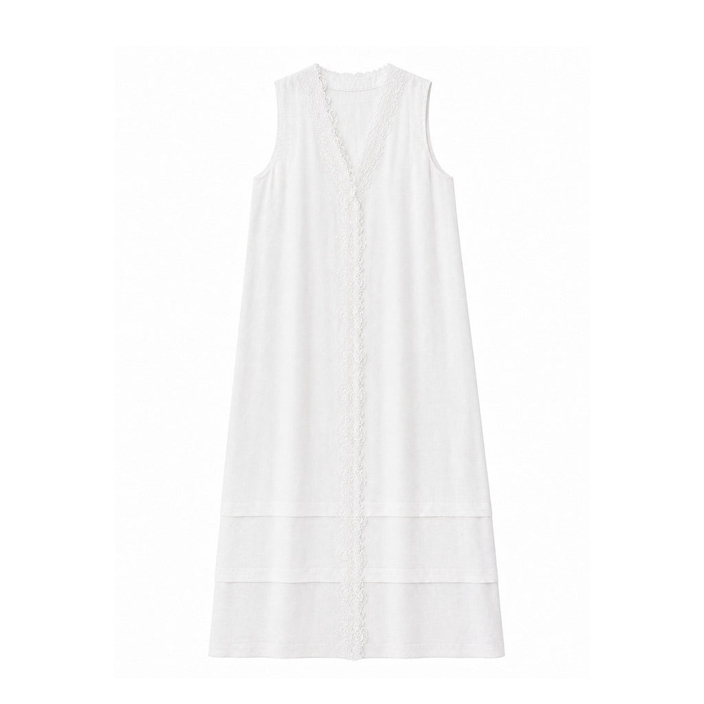 Women's 100% Linen Lace Trim Sleeveless Dress V-Neck Loose Tank Midi Dress