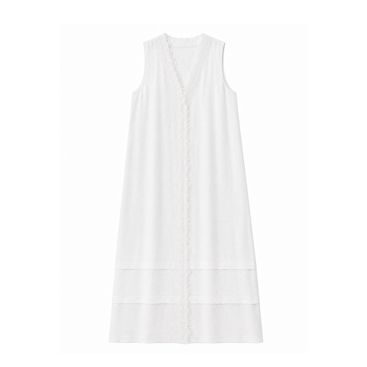 Women's 100% Linen Lace Trim Sleeveless Dress V-Neck Loose Tank Midi Dress
