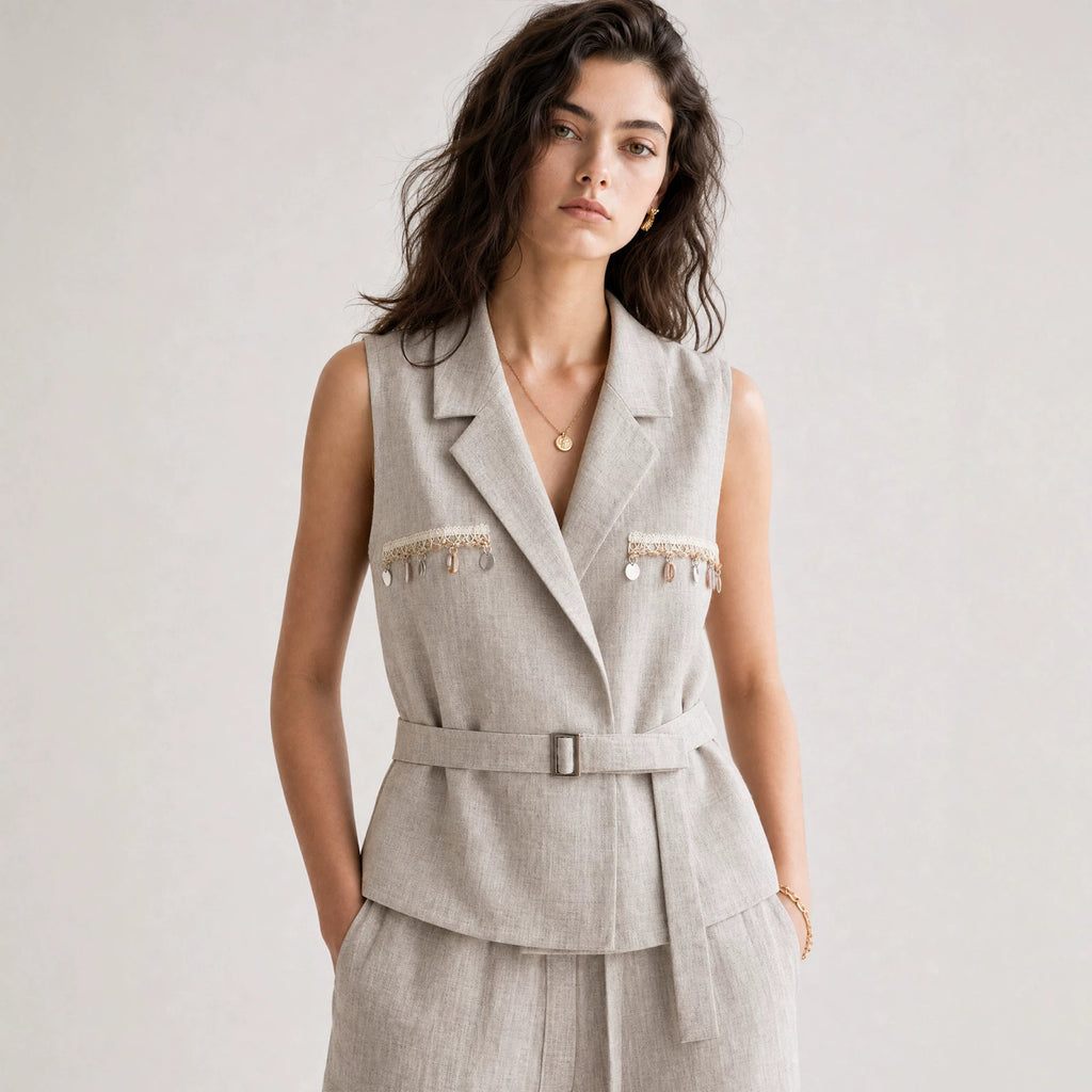 Women's Linen Lapel Collar Vest Belted Sleeveless Blazer Solid Casual Waistcoat