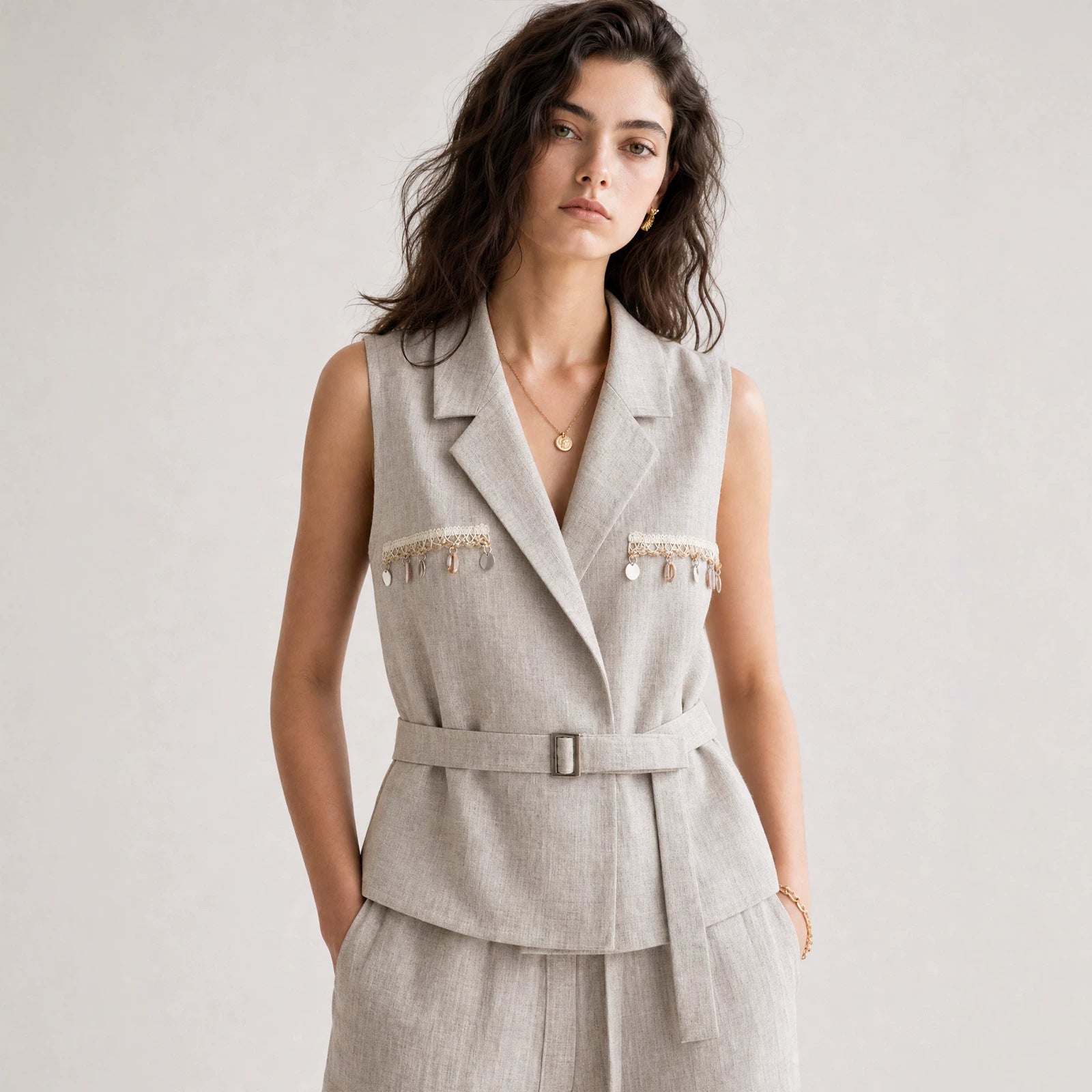 Women's Linen Lapel Collar Vest Belted Sleeveless Blazer Solid Casual Waistcoat