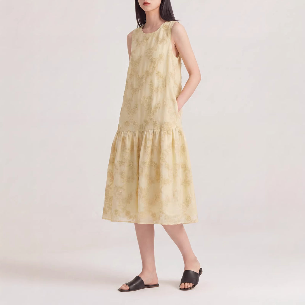 Women's Polyester Embroidered Sleeveless Midi Dress Loose A-Line Smock Dress