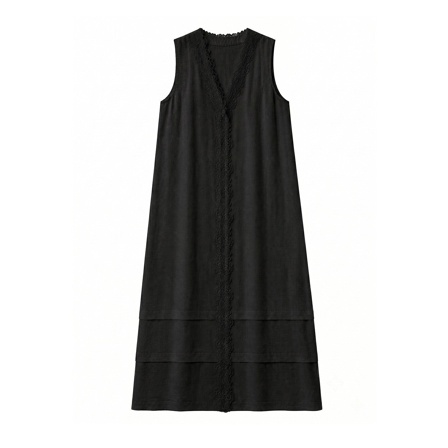 Women's 100% Linen Lace Trim Sleeveless Dress V-Neck Loose Tank Midi Dress