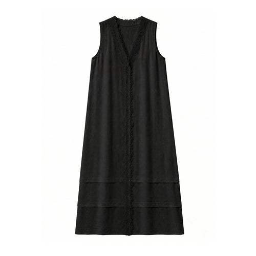 Women's 100% Linen Lace Trim Sleeveless Dress V-Neck Loose Tank Midi Dress