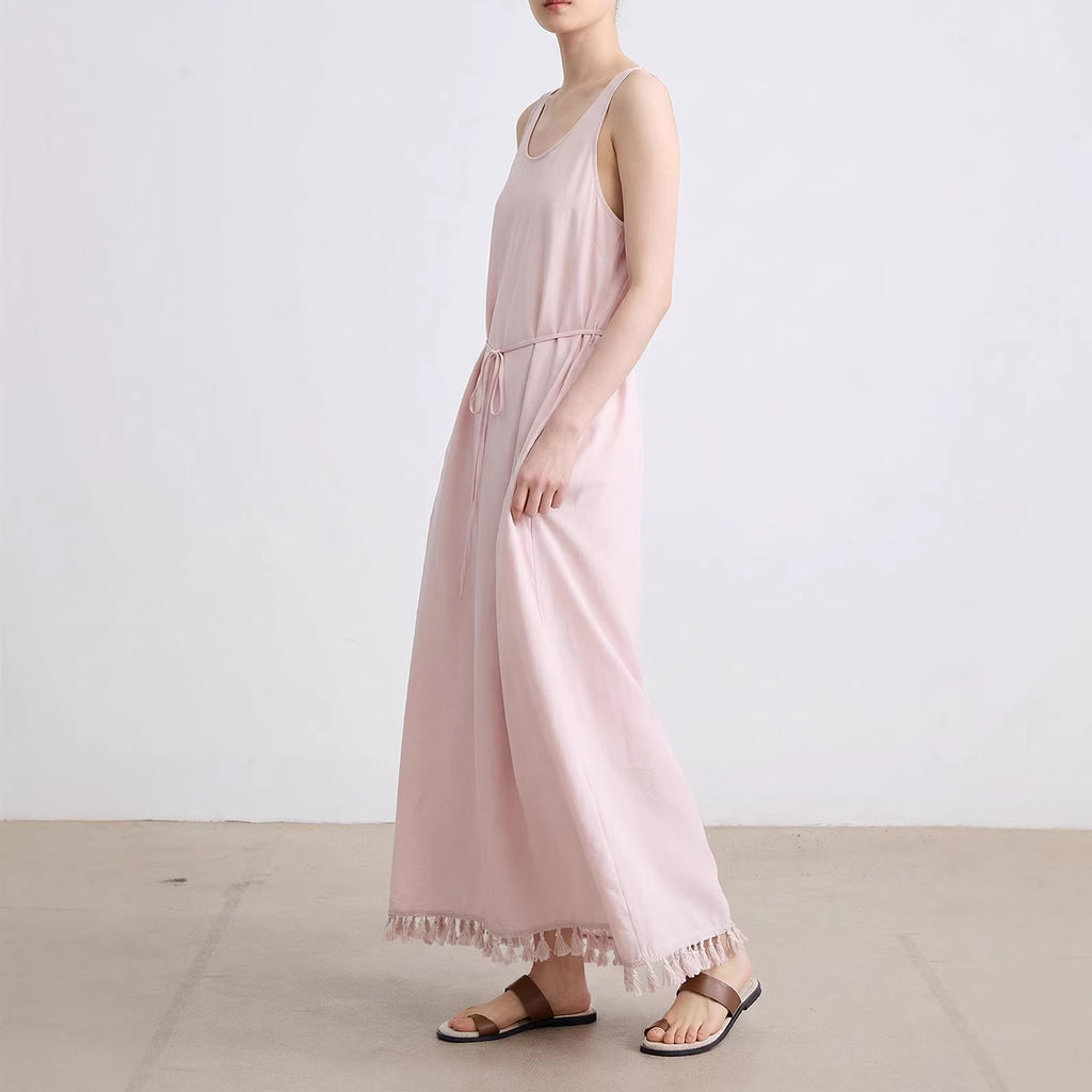 Women's Cotton Nylon Tie Tassel Tank Maxi Dress Loose A-Line Vacation Dress