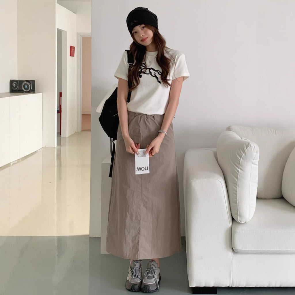 Women's Nylon Drawstring Elastic Waist A-Line Skirt Solid Casual Outdoor Midi Skirt