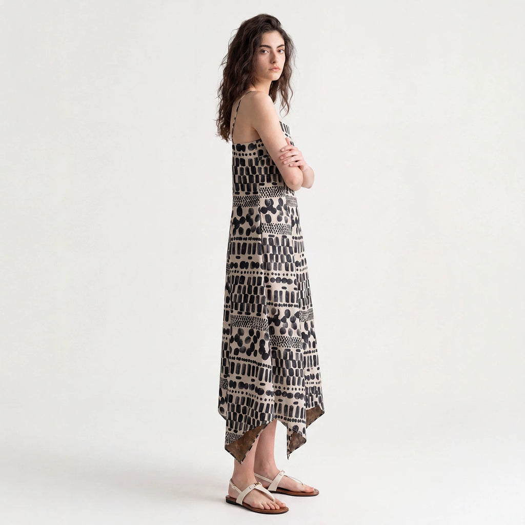 Women's Tencel Linen Blend Cami Midi Dress Casual A-Line Geometric Print Slip Dress