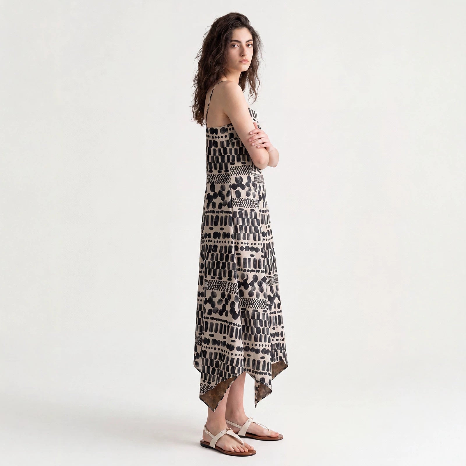 Women's Tencel Linen Blend Cami Midi Dress Casual A-Line Geometric Print Slip Dress