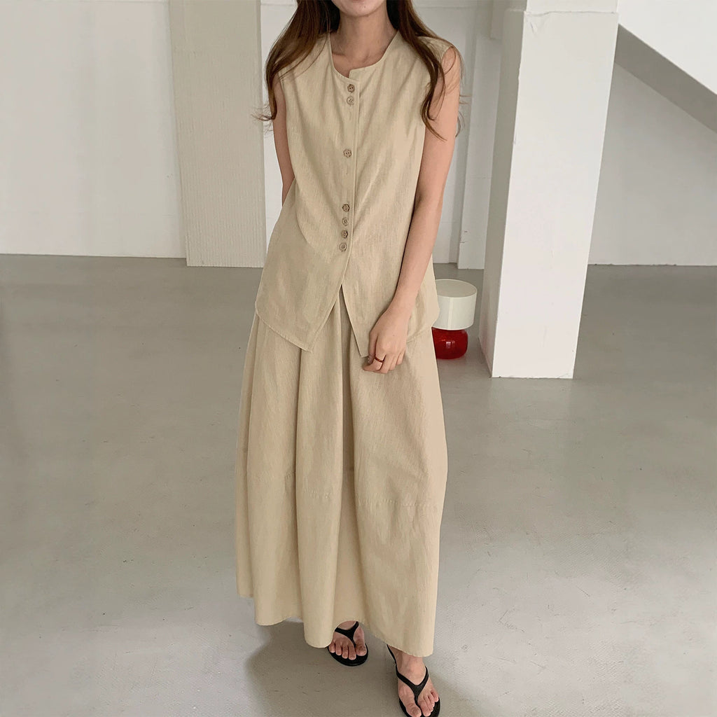 Women's Linen Cotton Blend Sleeveless Vest and Skirt Set Solid Loose 2-Piece Suit