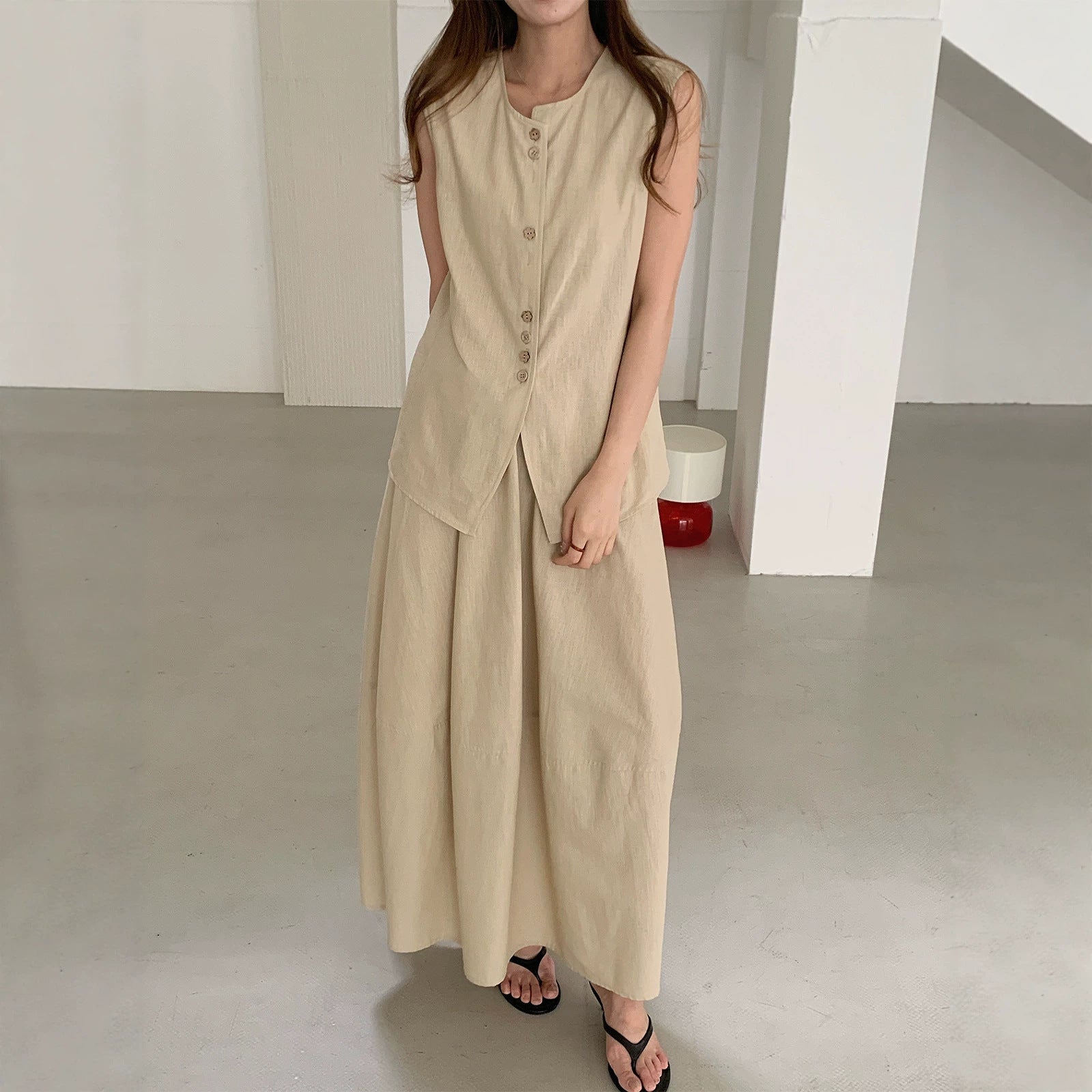 Women's Linen Cotton Blend Sleeveless Vest and Skirt Set Solid Loose 2-Piece Suit