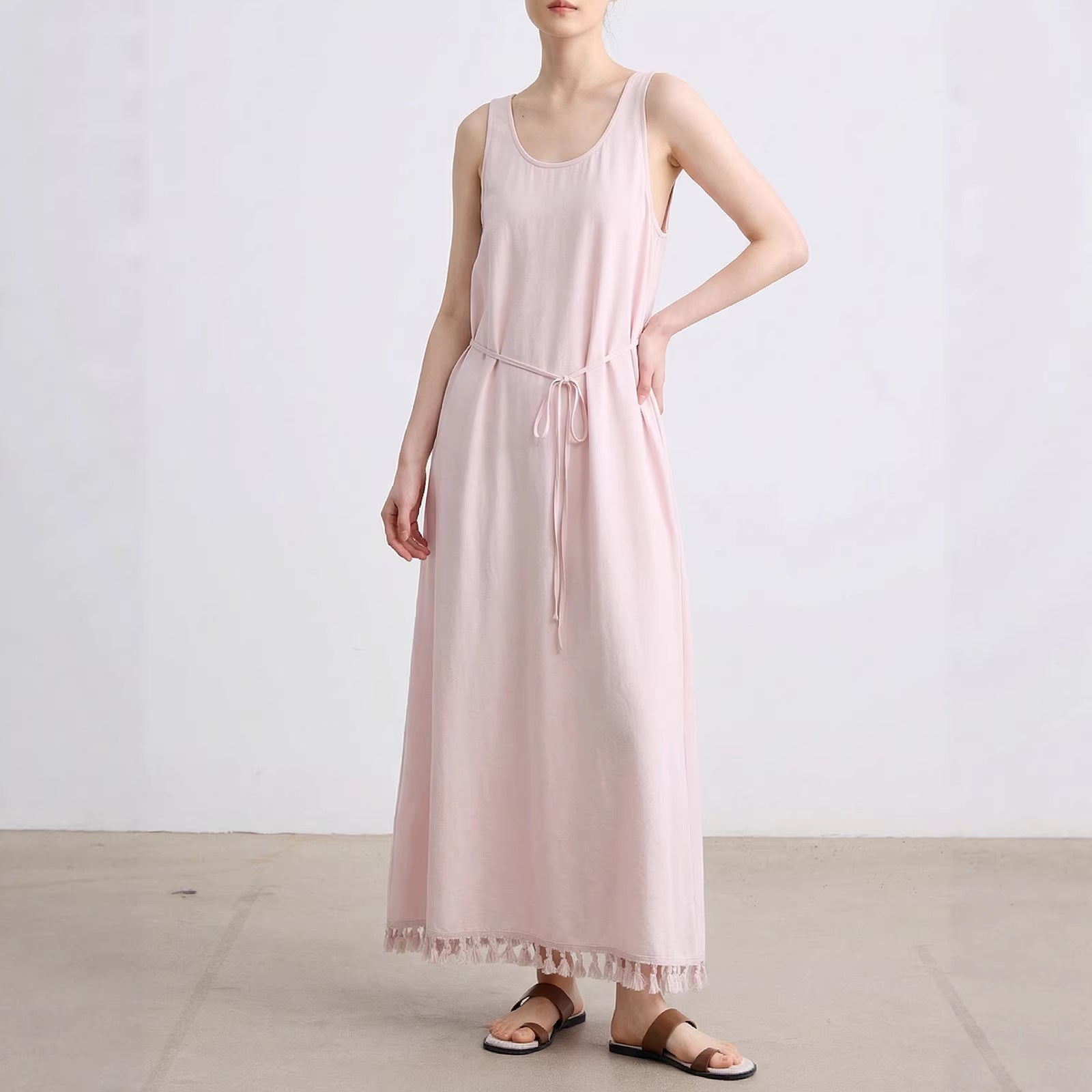 Women's Cotton Nylon Tie Tassel Tank Maxi Dress Loose A-Line Vacation Dress