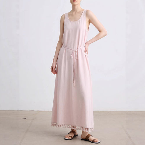 Women's Cotton Nylon Tie Tassel Tank Maxi Dress Loose A-Line Vacation Dress