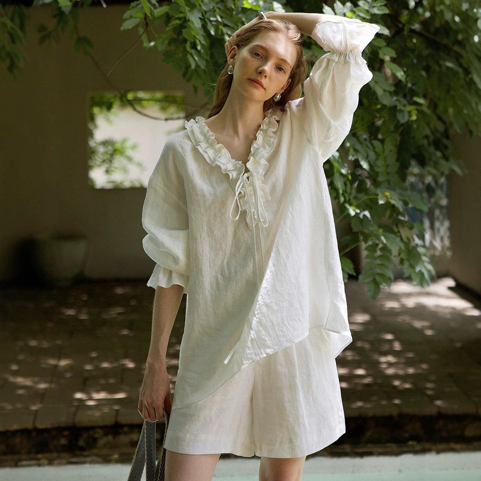 Women's Linen Cotton Blend Tie V-Neck Long Sleeve Blouse Loose Casual Tunic Top