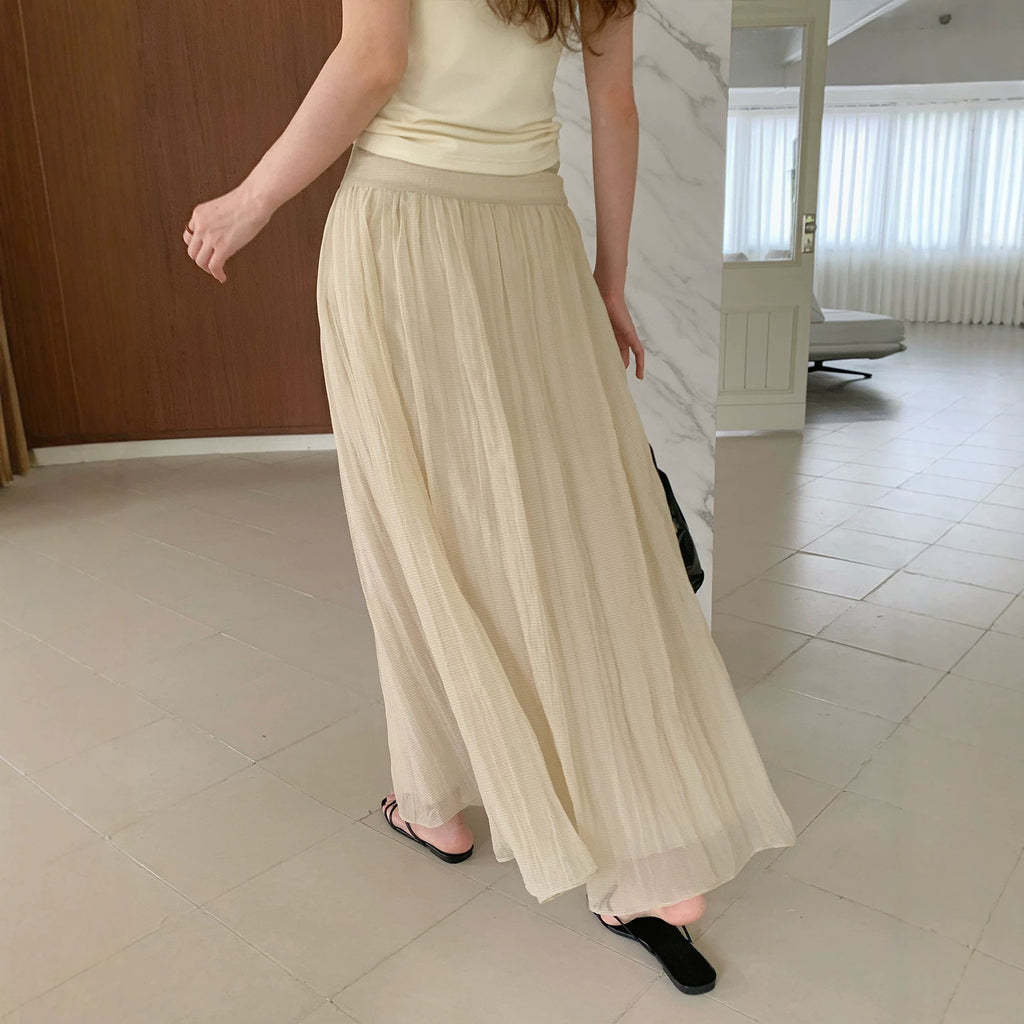Women's Polyester Spandex Elastic Waist A-Line Maxi Skirt Solid Pleated Long Skirt