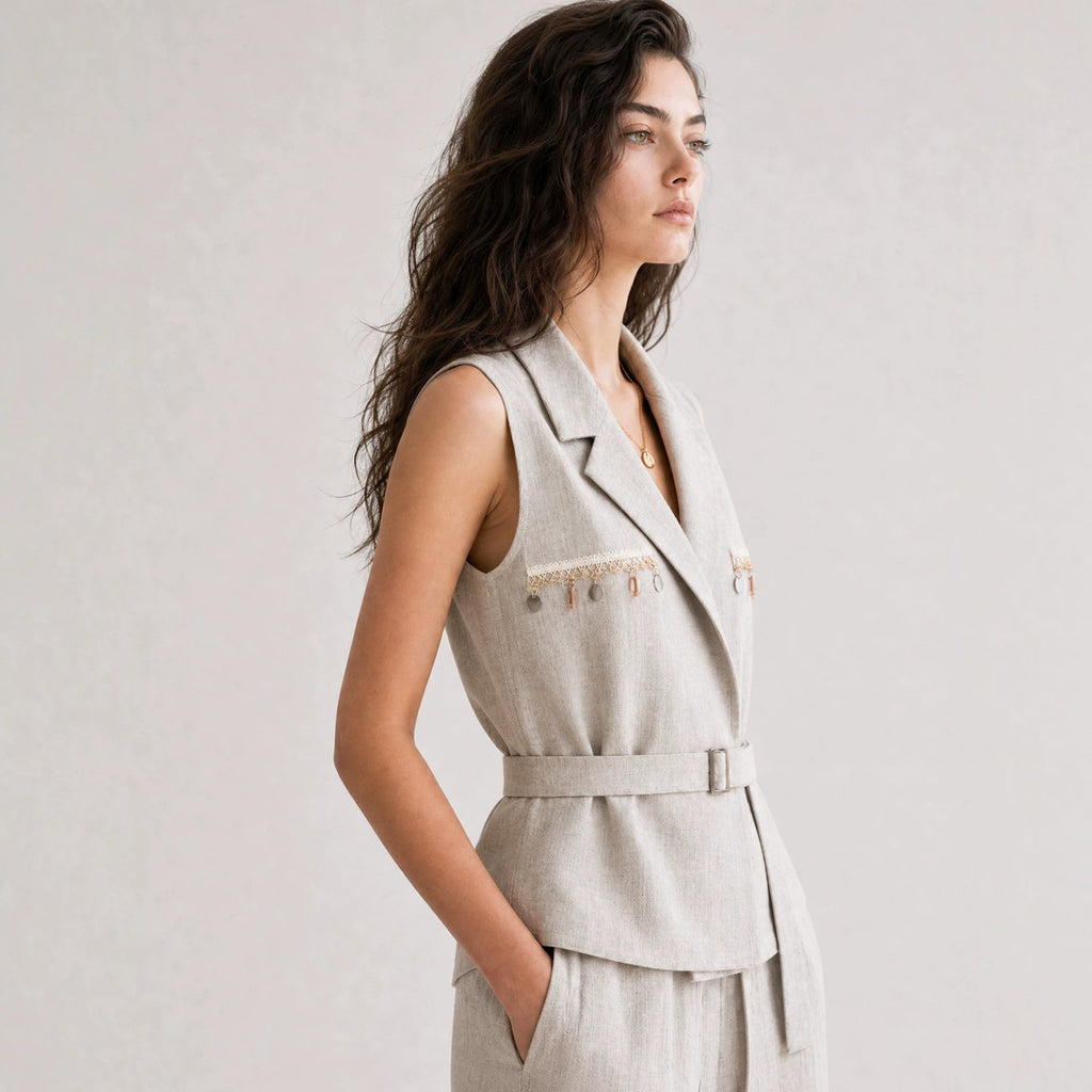 Women's Linen Lapel Collar Vest Belted Sleeveless Blazer Solid Casual Waistcoat