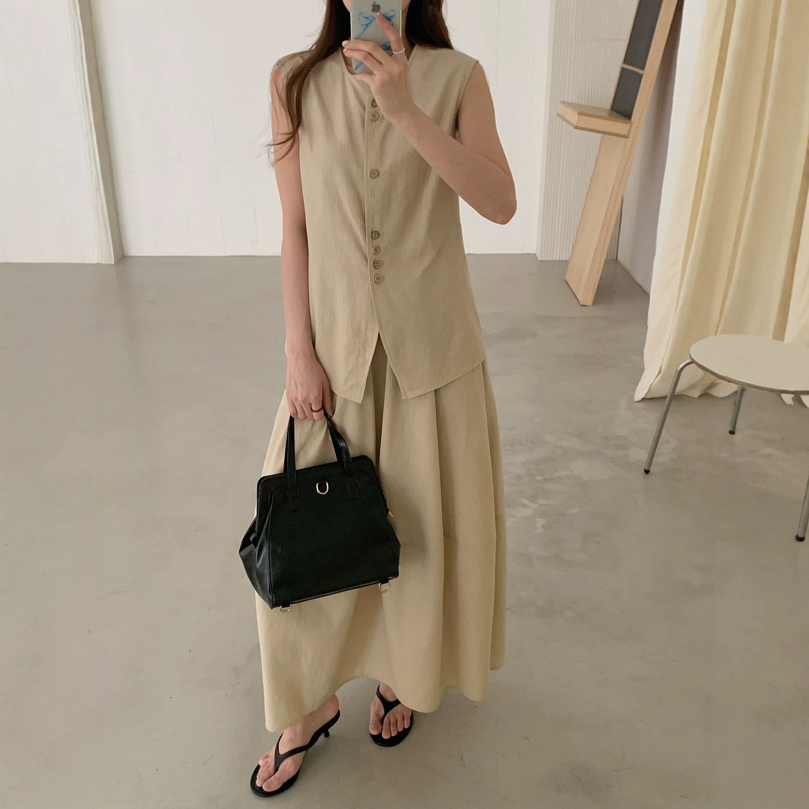 Women's Linen Cotton Blend Sleeveless Vest and Skirt Set Solid Loose 2-Piece Suit