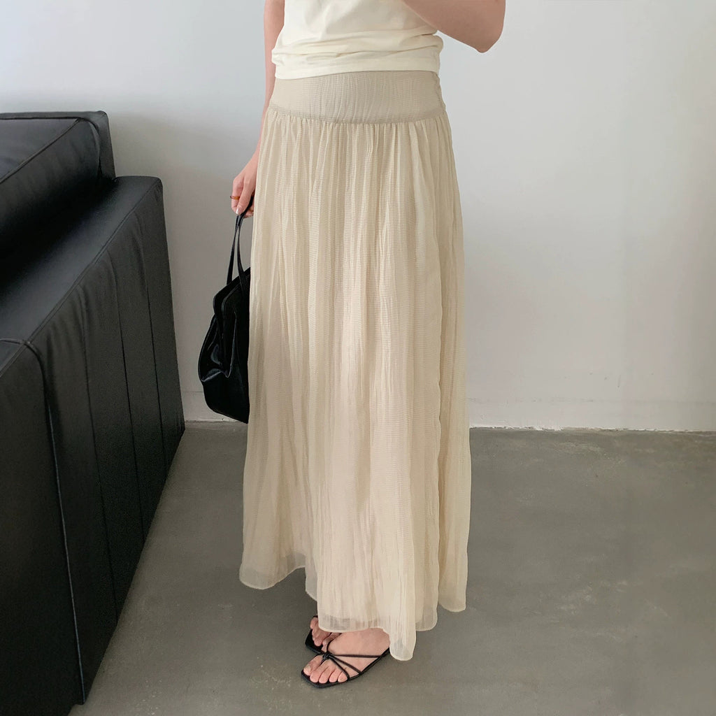 Women's Polyester Spandex Elastic Waist A-Line Maxi Skirt Solid Pleated Long Skirt