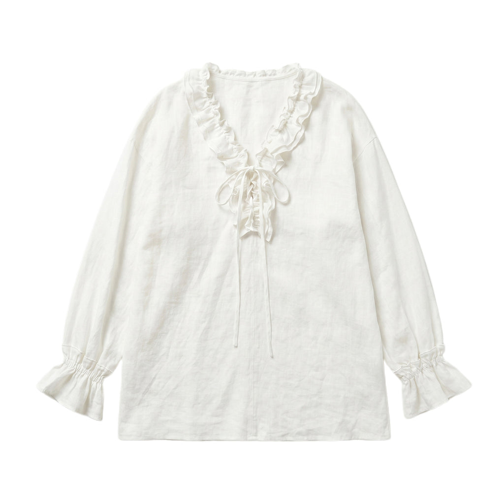 Women's Linen Cotton Blend Tie V-Neck Long Sleeve Blouse Loose Casual Tunic Top