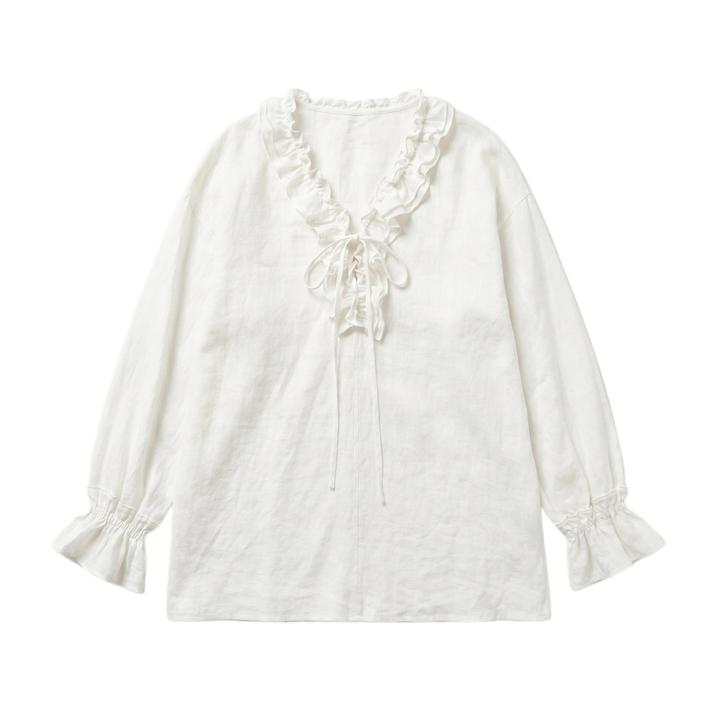 Women's Linen Cotton Blend Tie V-Neck Long Sleeve Blouse Loose Casual Tunic Top