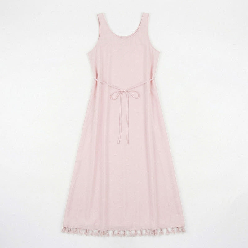 Women's Cotton Nylon Tie Tassel Tank Maxi Dress Loose A-Line Vacation Dress