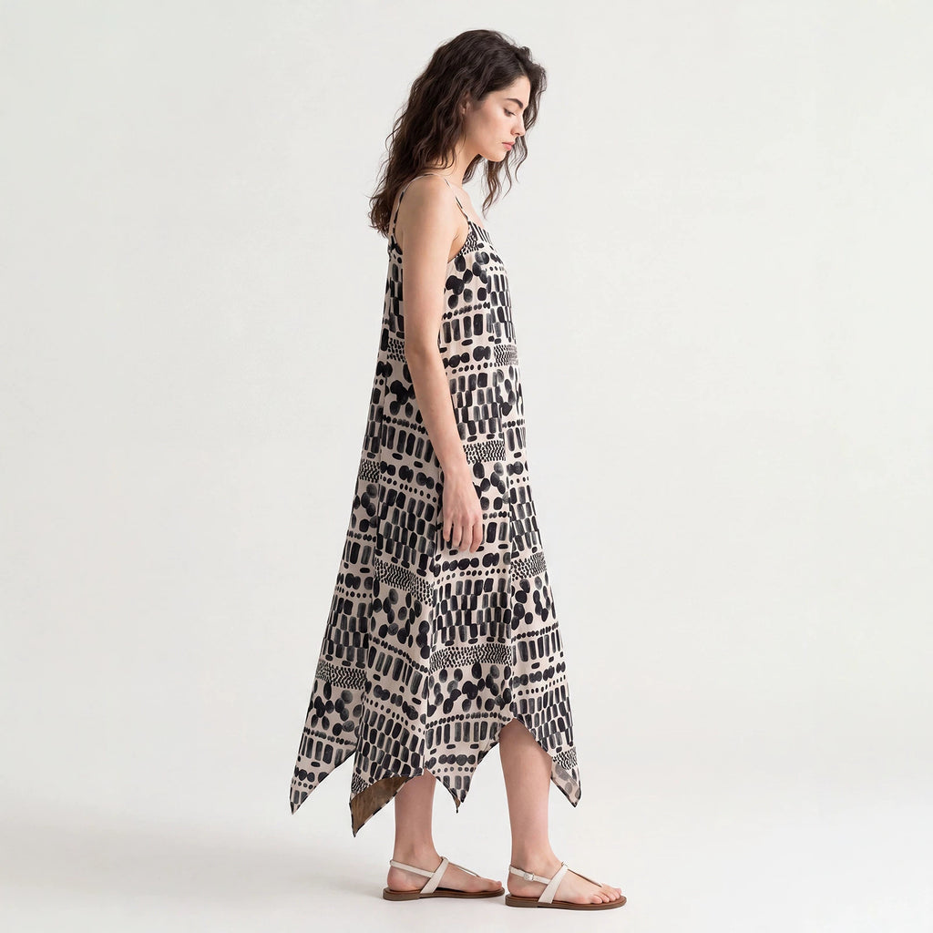 Women's Tencel Linen Blend Cami Midi Dress Casual A-Line Geometric Print Slip Dress