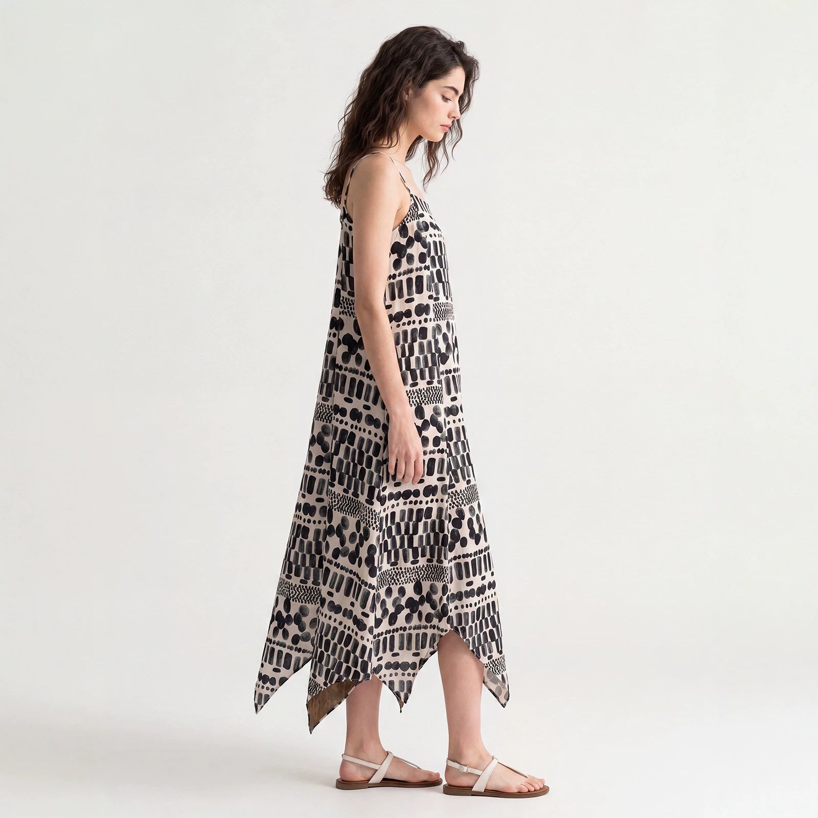 Women's Tencel Linen Blend Cami Midi Dress Casual A-Line Geometric Print Slip Dress