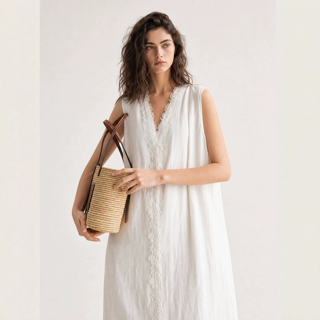 Women's 100% Linen Lace Trim Sleeveless Dress V-Neck Loose Tank Midi Dress